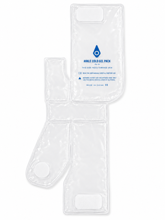 Clear gel pack for ankle cold therapy with brand logo on a white background