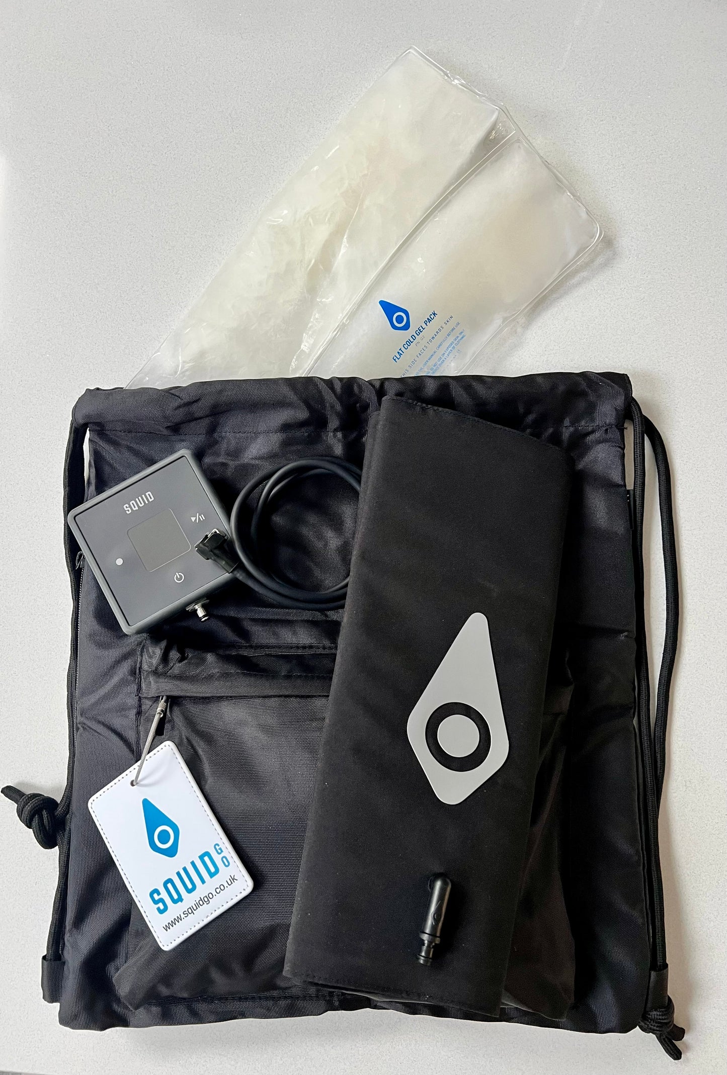 Drawstring Insulated Cool/Carry Bag + Luggage Tag - Organise your Squid Go System. Keeps frozen gel packs cold much longer, outside freezer.